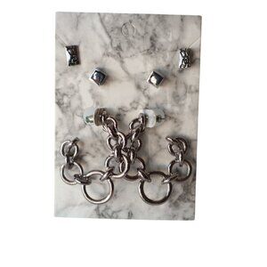 Silver Stud & Chain Dangle Earring Set On Marble Design Card